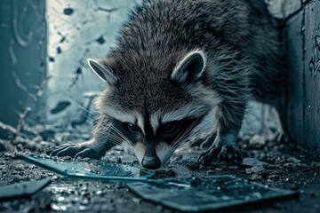 A curious raccoon investigates broken glass in a desolate urban setting.  Its intense gaze and the moody atmosphere create a captivating image.