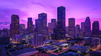 Obraz premium Vibrant purple sunset over a modern city skyline at dusk.