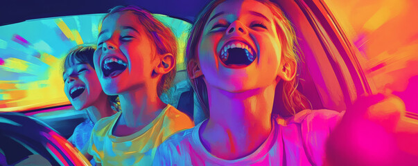 Fototapeta premium Three children joyfully singing along to music in colorful car, expressing happiness and excitement during fun road trip. Their laughter fills air as they enjoy moment