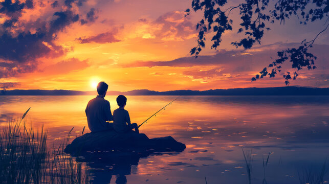 father and son enjoy peaceful fishing moment on rock at sunset, surrounded by nature beauty. warm colors of sky reflect on water, creating serene atmosphere
