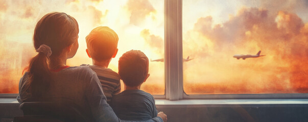 Mother and her two children gaze out window at vibrant sunset, watching airplanes take off against colorful sky, evoking sense of wonder and adventure