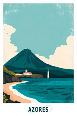 Azores Islands, Portugal illustrated poster in retro style. Vintage travel booklet, brochure, postcard, print, cover with ocean, hills, coastline