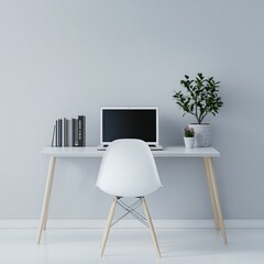 Minimalist home office workspace with laptop, chair, and plants.