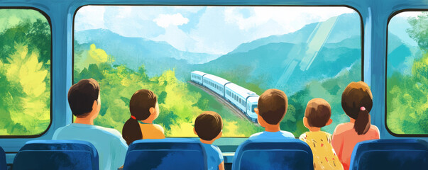 Parents and children enjoying scenic train ride through lush mountains, creating lasting memories together. vibrant landscape enhances their joyful experience