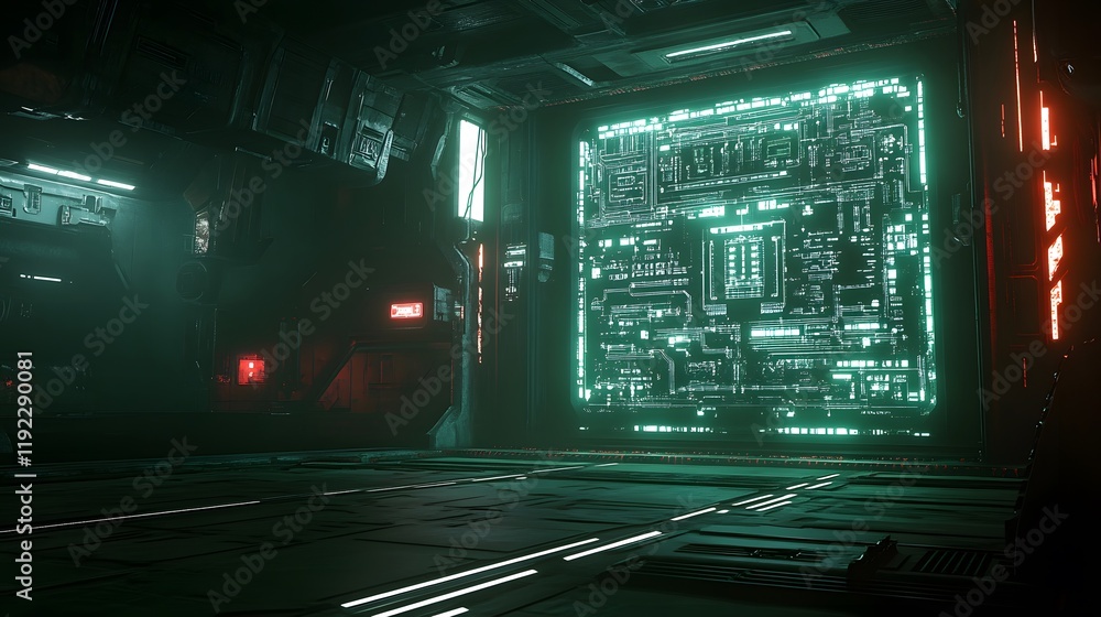 Poster futuristic technology interface virtual lab digital art sci-fi environment wide view innovation conc