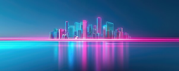 Fototapeta premium Vivid gradient idea. Vibrant city skyline at night with neon lights reflecting on water surface.