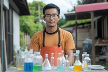 A man in an orange shirt stands behind a table full of glass bottles. The bottles are of various colors and sizes, and the man is proud of his collection
