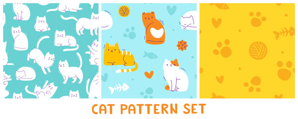 Cute cats pattern set. Seamless vector pet prints cartoon collection.