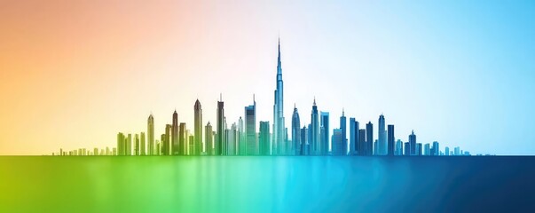Obraz premium Vivid gradient idea. Modern skyline silhouette with a gradient sunset in vibrant colors.