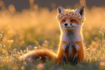 Adorable red fox wearing a flower crown, basking in golden sunset light amidst wildflowers.  A captivating wildlife image, perfect for calendars, websites, and more.