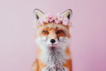 Obraz premium Adorable red fox wearing a delicate pink flower crown against a soft pink background. Perfect for spring or feminine themes.