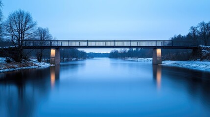 Minimal symmetry concept. Tranquil river landscape with a modern bridge at dusk, surrounded by nature.