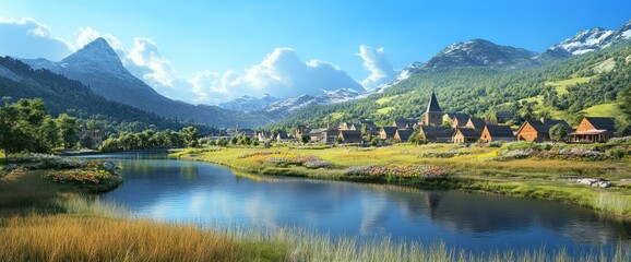 Fototapeta premium Idyllic mountain village nestled beside a tranquil lake, surrounded by lush greenery and majestic peaks under a vibrant sky.