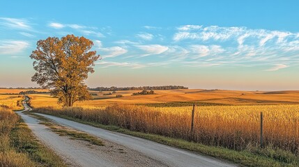 Fototapeta premium Scenic country road winding through golden autumn fields under a vibrant sky.