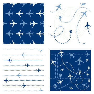 Set of seamless pattern with airplane. Traveling world, air travel, trip abroad on vacation, cruise and tour. Endless texture can be used for tiling pattern fills, web page background, fabric texture