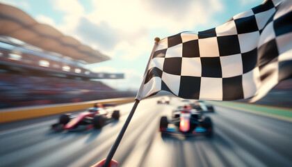 Checkered Flag Triumph: Dynamic Race Finish, Blurred Motion, Vibrant Sunset