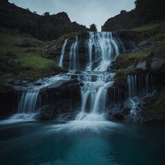 Naklejka premium A digital waterfall cascading into a glowing pool.