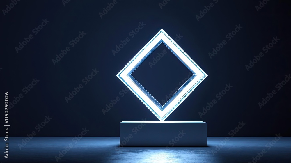 Poster symmetry gradient idea. a sleek illuminated diamond shape on a pedestal in a dark environment.