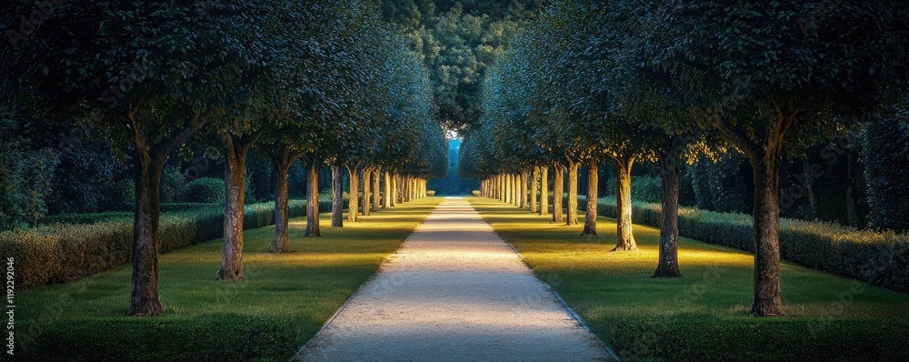 Poster minimal symmetry concept. a tranquil pathway illuminated by soft lights bordered by neatly trimmed t