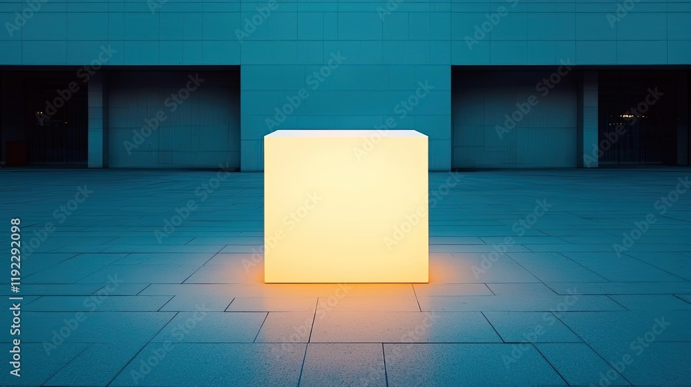 Poster symmetry gradient idea. a luminous yellow cube stands out in a modern architectural setting at night