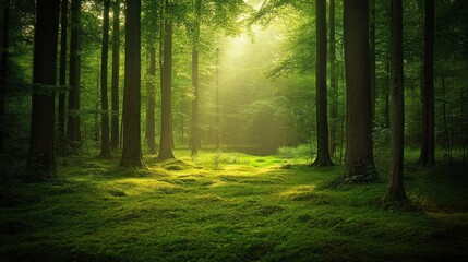 Fototapeta premium Sunbeams illuminate a lush, mossy forest floor.