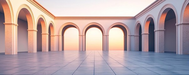 Symmetry gradient idea. A serene architectural space with arched pillars and a colorful sunset glow.