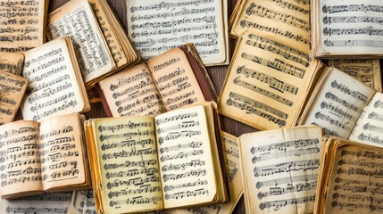 Obraz premium Overhead shot of many aged, scattered sheet music books.