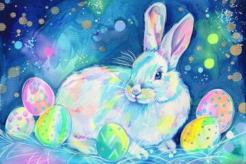 A pastel Easter bunny illustration with decorative flowers and eggs on a colorful background