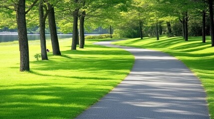 Obraz premium Winding path through lush green park with trees and lake.