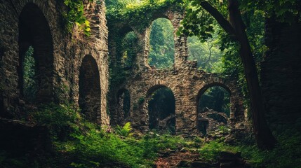 Fototapeta premium Overgrown stone ruins with arched openings in a lush forest.