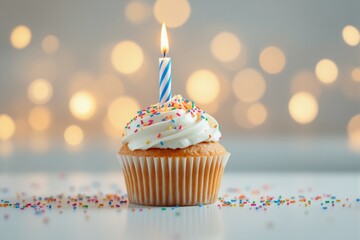 Cupcake with white frosting, a lit blue-striped candle, colorful sprinkles, soft bokeh lights in background, concept of celebration or birthday. Ai generative