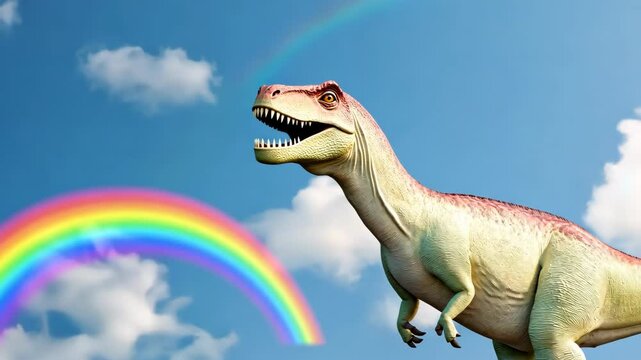 A dinosaur is standing in front of a rainbow. Scene is playful and whimsical