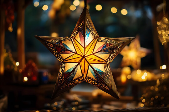 Phillipino Christmas parol lantern, star shaped decorative lantern made from paper and bamboo