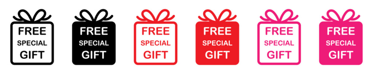 Free Special Gift Offer Icons - Gift Box Vector Set for Shopping, Loyalty Programs, and Promotions. Present gift box icons. Christmas gift box icons. Gift boxes with ribbons. Decorative gift boxes.