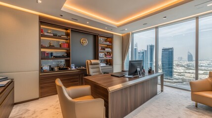 Fototapeta premium Modern executive office with city view, wood furniture, and built-in bookshelves.