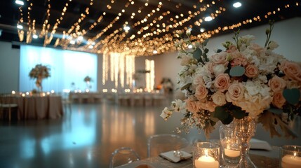 Elegant wedding reception venue with floral centerpiece.