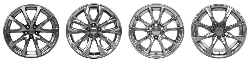 Metallic silver hubcaps wheel covers isolated on transparent background, Set of