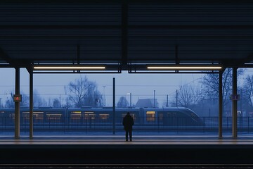 A train station platform under the dimming sky with modern details
