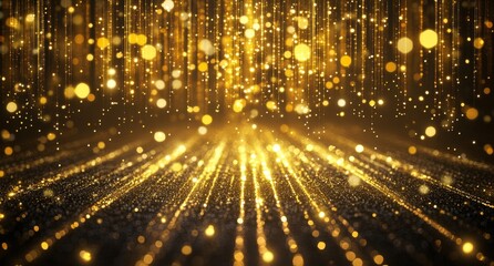 Golden light rays create a shimmering atmosphere with glowing particles falling gracefully