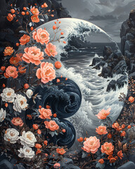 Yin yang symbol with flowers