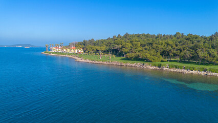 Aerial drone view of Urla district of Izmir, Turkey's third largest city. Iskele - Karantina island - Turkey