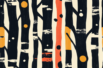 Seamless Abstract Forest Pattern: A captivating, abstract pattern of stylized birch trees against a beige background. Vivid orange and coral colors create a sense of movement and energy.