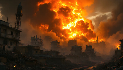 Fototapeta premium Fiery Urban Inferno: A Dramatic Post-Apocalyptic Scene