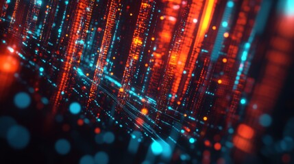 A colorful, abstract image of a cityscape with a blue and red background