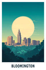 Obraz premium Bloomington USA, Indiana state illustrated poster in retro style. Vintage travel booklet, postcard, print, cover with scenic hills, skyline