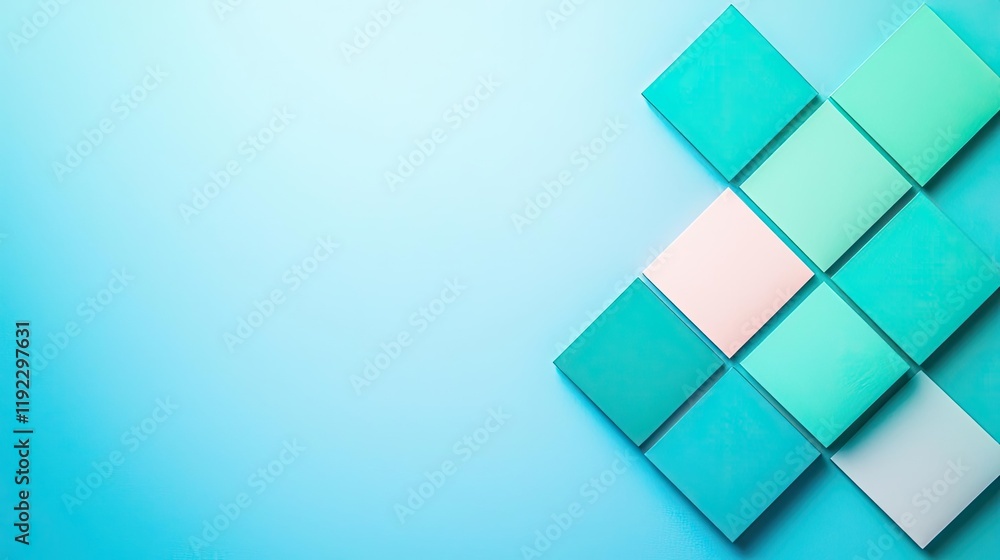 Poster symmetry gradient idea. vibrant geometric background with layered teal and mint squares on a soft gr
