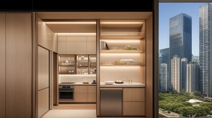 Modern minimalist kitchen with city view.