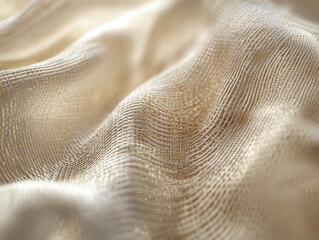 Cream-colored fabric with a textured weave, showing soft folds and waves.  Close-up detail reveals intricate texture.