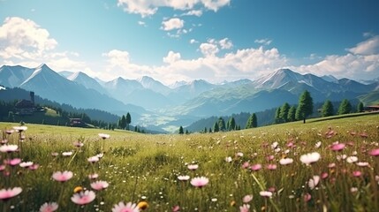 Hiking through Beautiful mountain village scenery with fresh flower field meadows Highlands