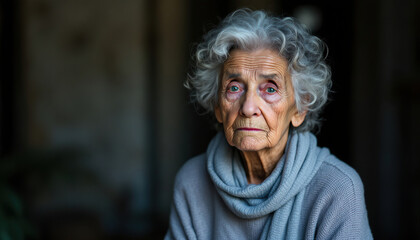 old woman, granny with gray hair, sad facial expression